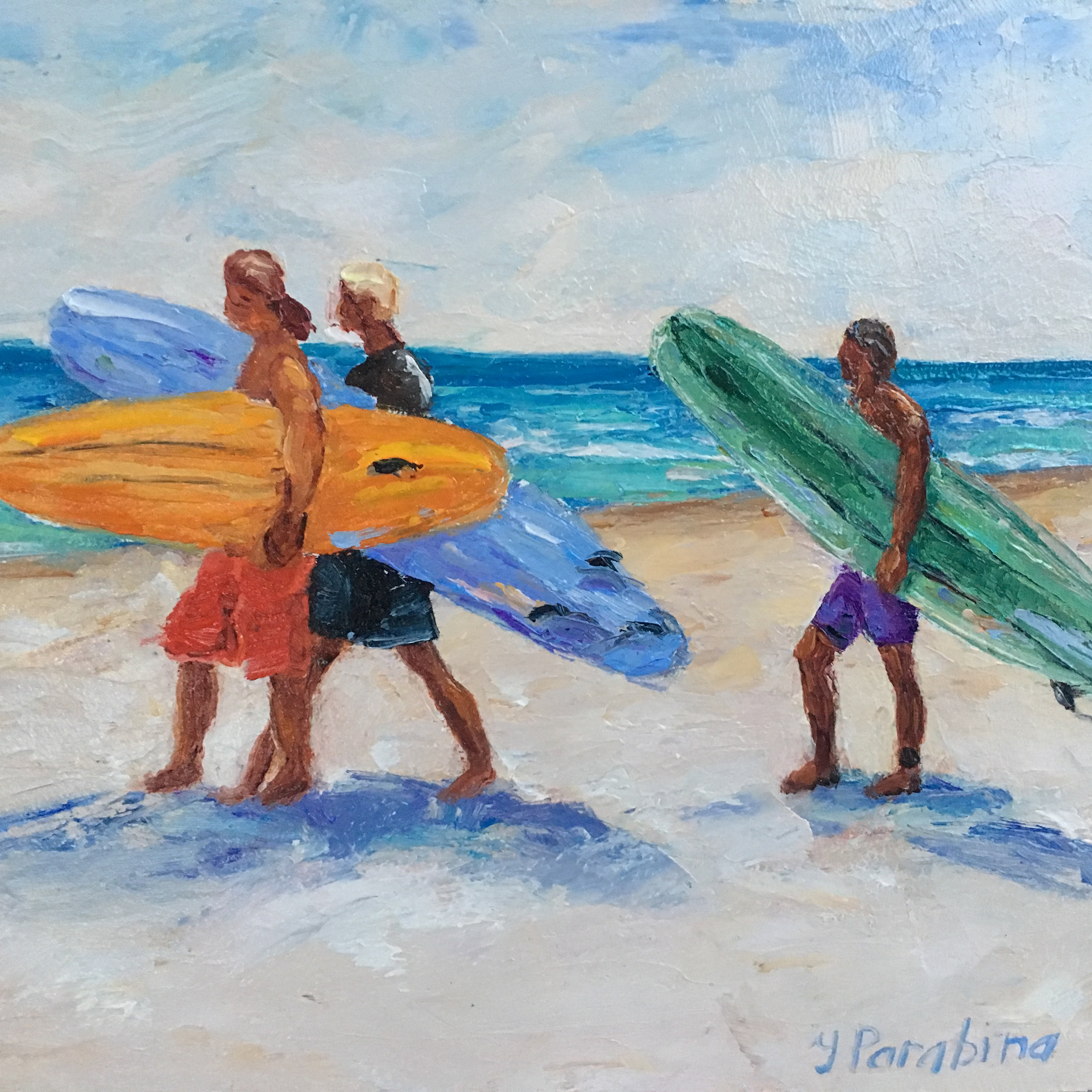 サーフィンのインパスト オリジナル油絵。小さなビーチと海