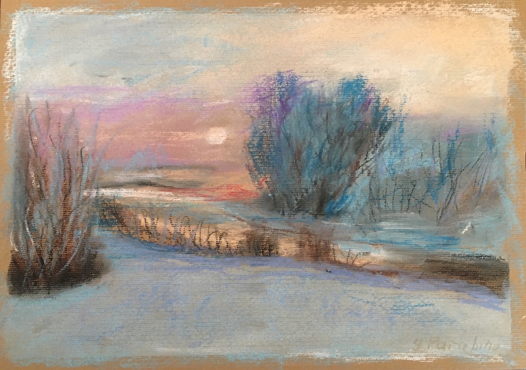 Landscape in oil pastels made on Kraft paper Painting by Yulia