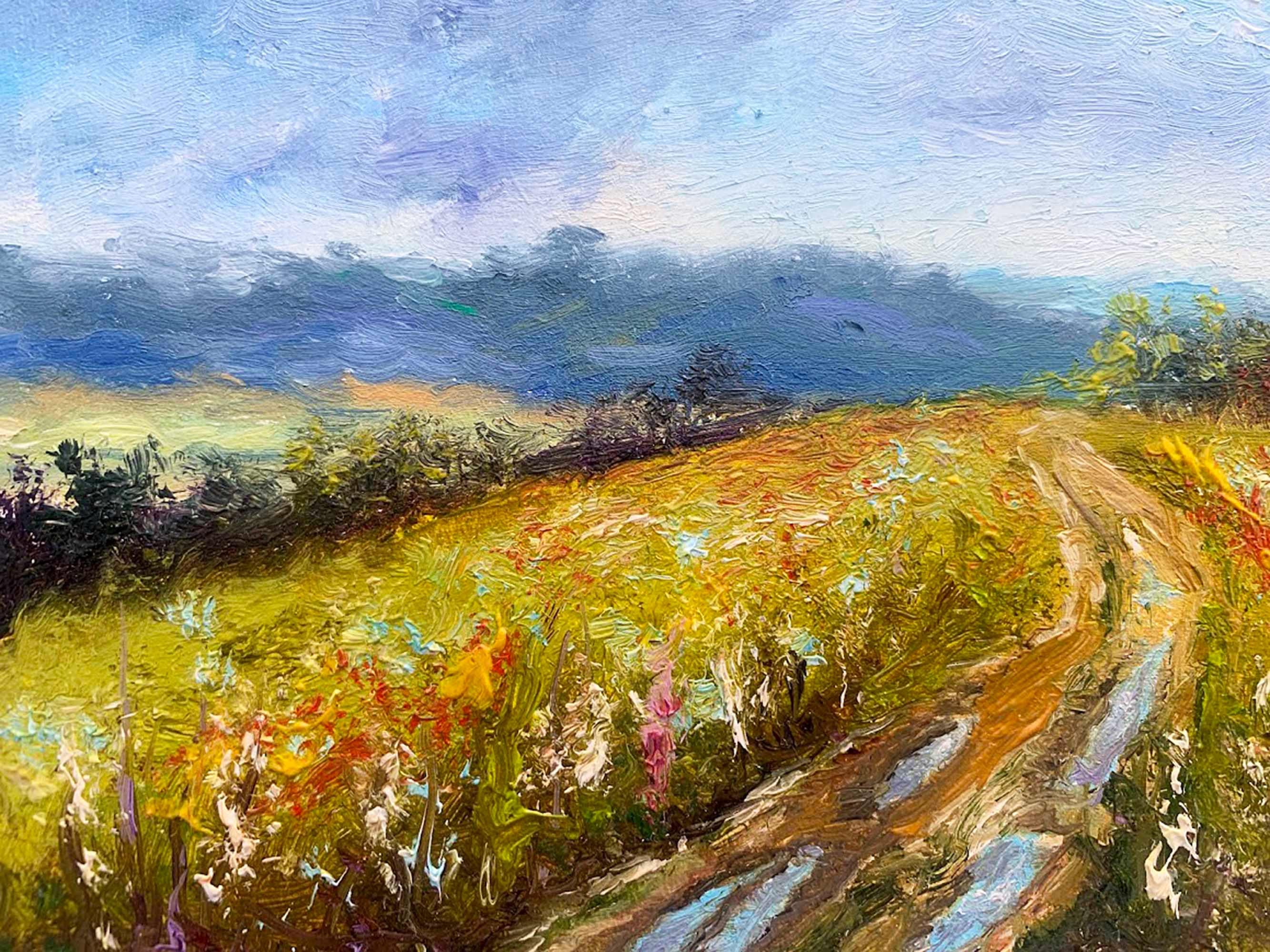 野花のある未舗装道路 油絵 風景画 ミニチュア 田舎 田舎風 牧草地