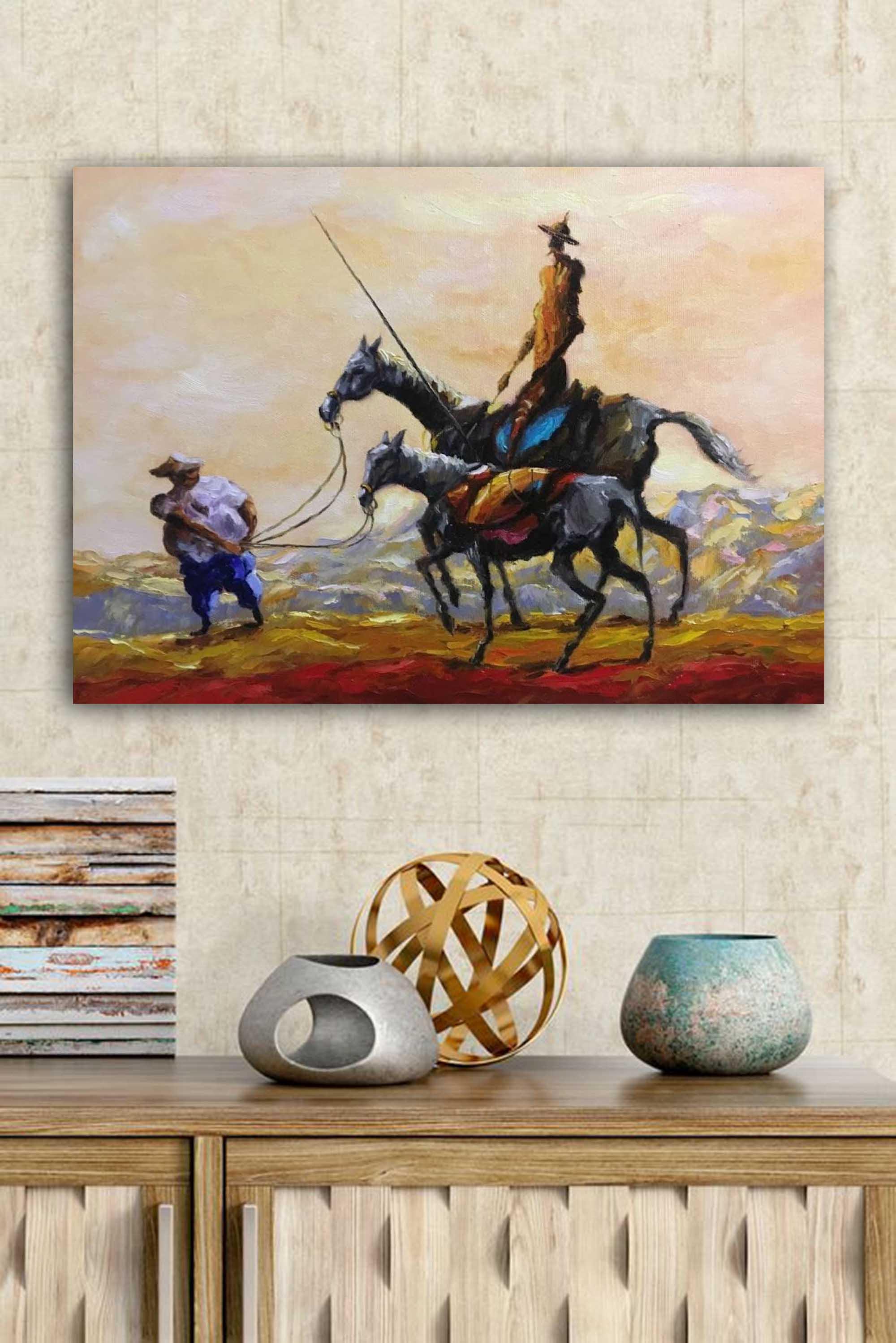 ドン・キホーテの絵画 油絵 原画 男性用アート サンチョ・パンサ 馬の