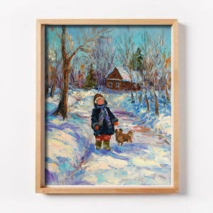 Winter scene with children Original oil painting Winter House Painting  Impressionism landscape Snow Painting Art Сhildhood Girl with a dog