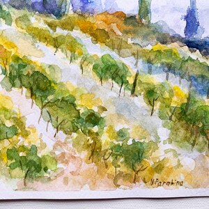 Origineel aquarel schilderij. Italiaanse wijngaardkunst. Toscaans landschap. Rustieke plattelandsdecoratie. Italiaans dorp. Originele wanddecoratie 8x12, 12x16 afbeelding 7
