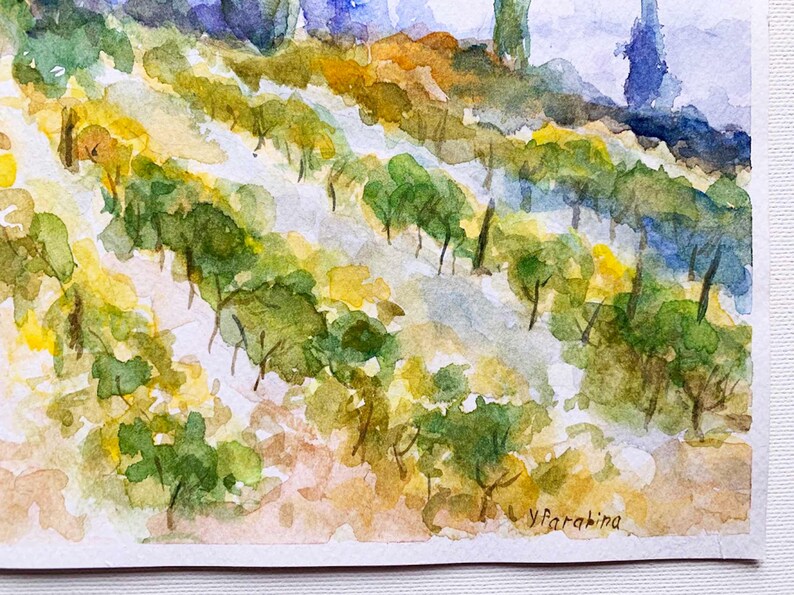 Origineel aquarel schilderij. Italiaanse wijngaardkunst. Toscaans landschap. Rustieke plattelandsdecoratie. Italiaans dorp. Originele wanddecoratie 8x12, 12x16 afbeelding 7