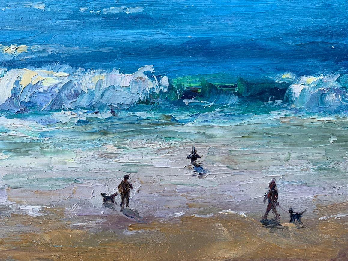 人々がいるビーチの風景油絵 海の波 海景 小さな海岸アート ミニチュア