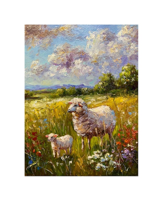 羊の絵 農場の動物 夏の牧草地に描かれた羊のカラフルな厚塗りの絵画