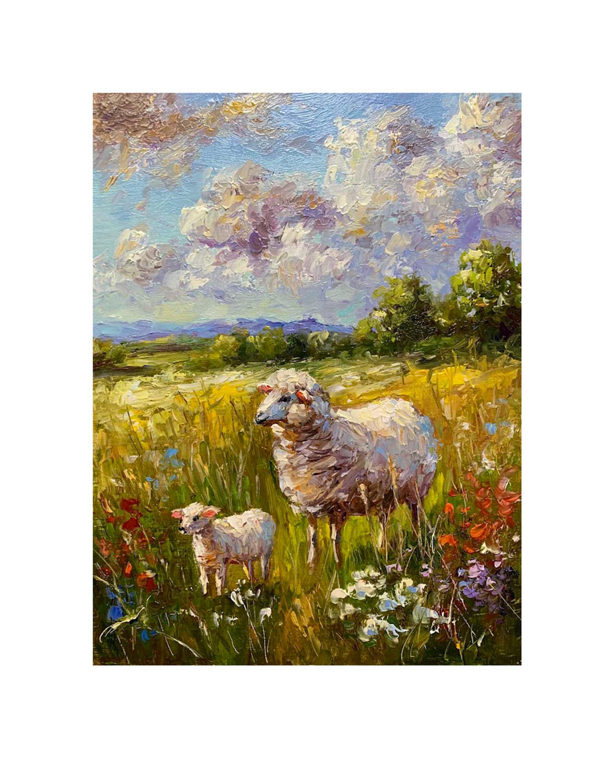 羊の絵 農場の動物 夏の牧草地に描かれた羊のカラフルな厚塗りの絵画