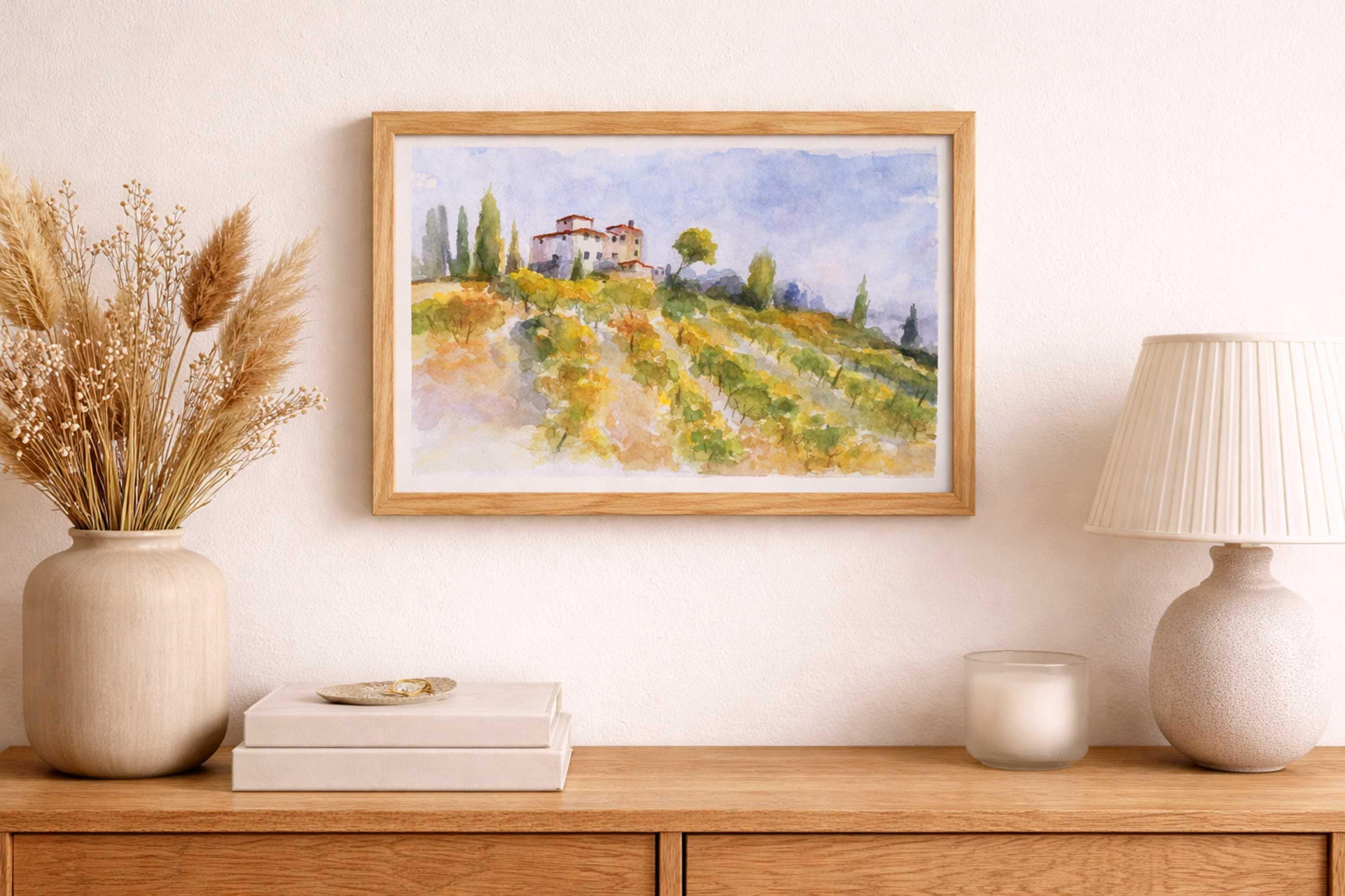 オリジナル水彩画。イタリアのブドウ畑のアート。トスカーナの風景