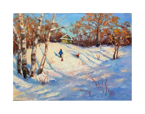 オリジナルの油絵。そりに乗った子供たちと冬の風景。ロシア印象派。村