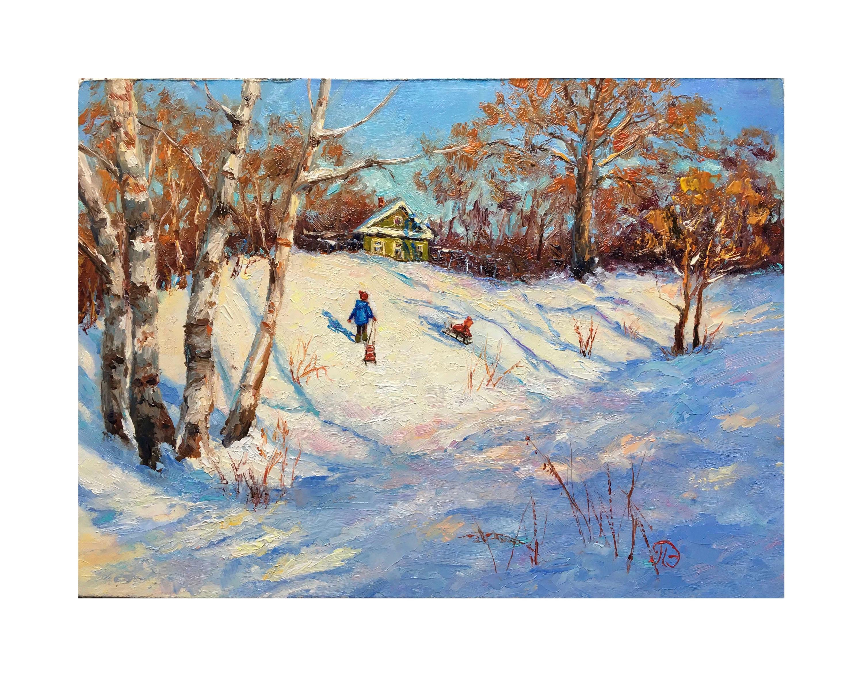 オリジナルの油絵。そりに乗った子供たちと冬の風景。ロシア印象派。村