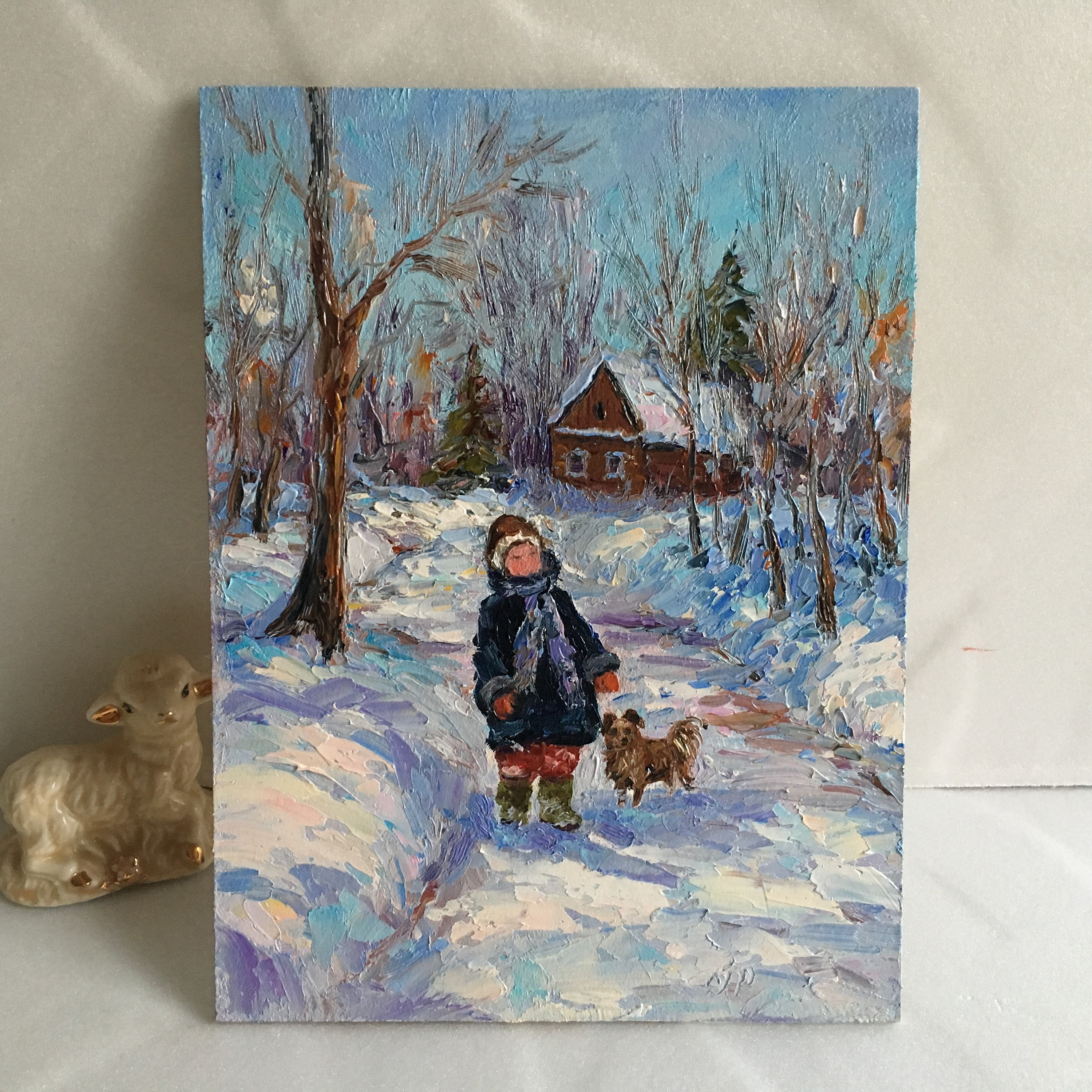 Winter Scene With Children Original Oil Painting Winter
