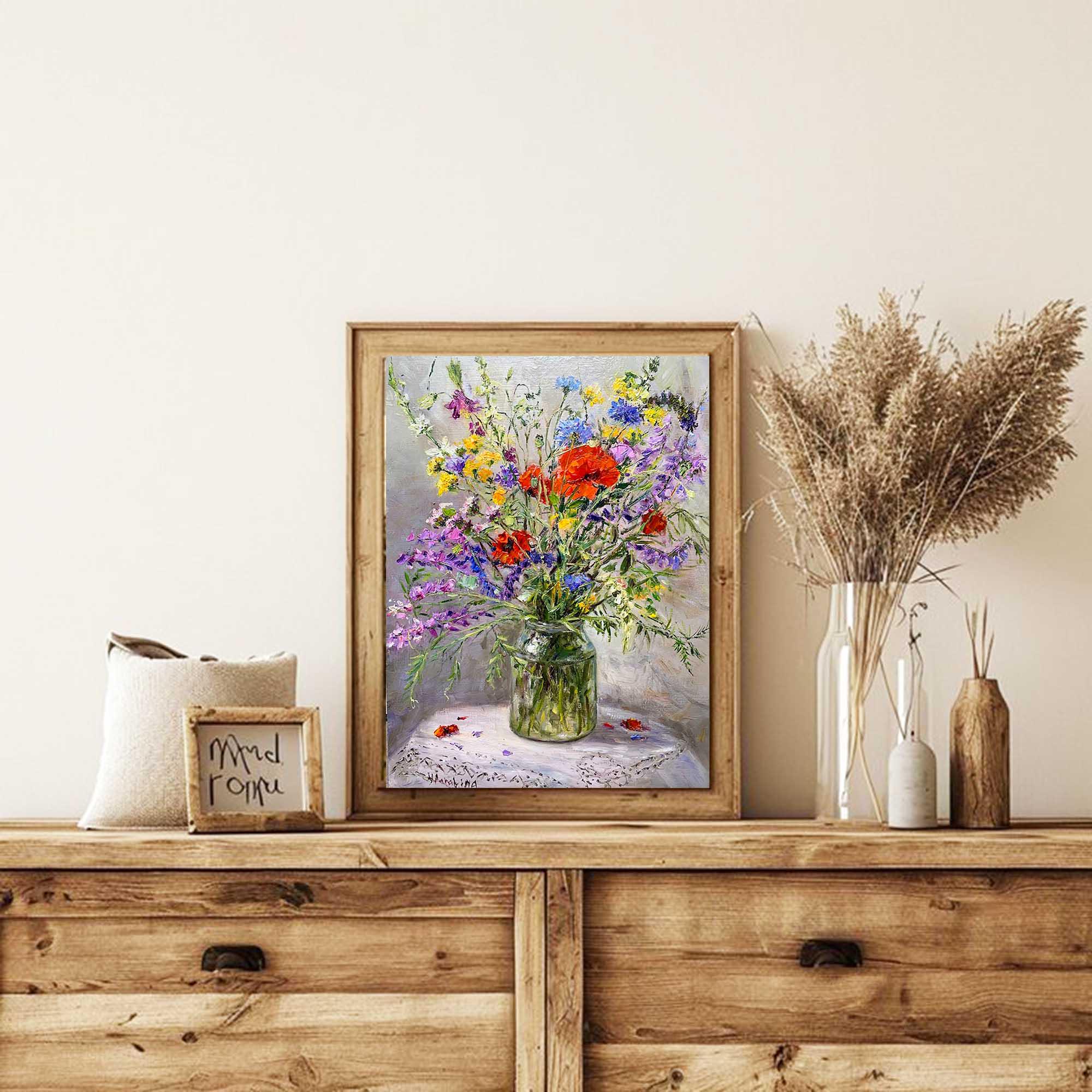 Wildflowers in a Jar Oil Painting Impasto Floral Still Life