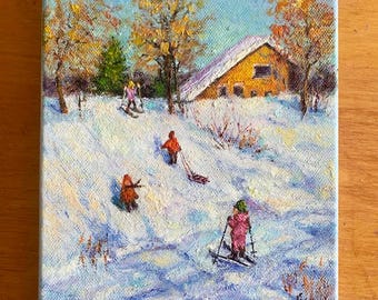 冬の風景油絵 雪遊びをする子供たち 小さな印象派の風景画 キャンバス