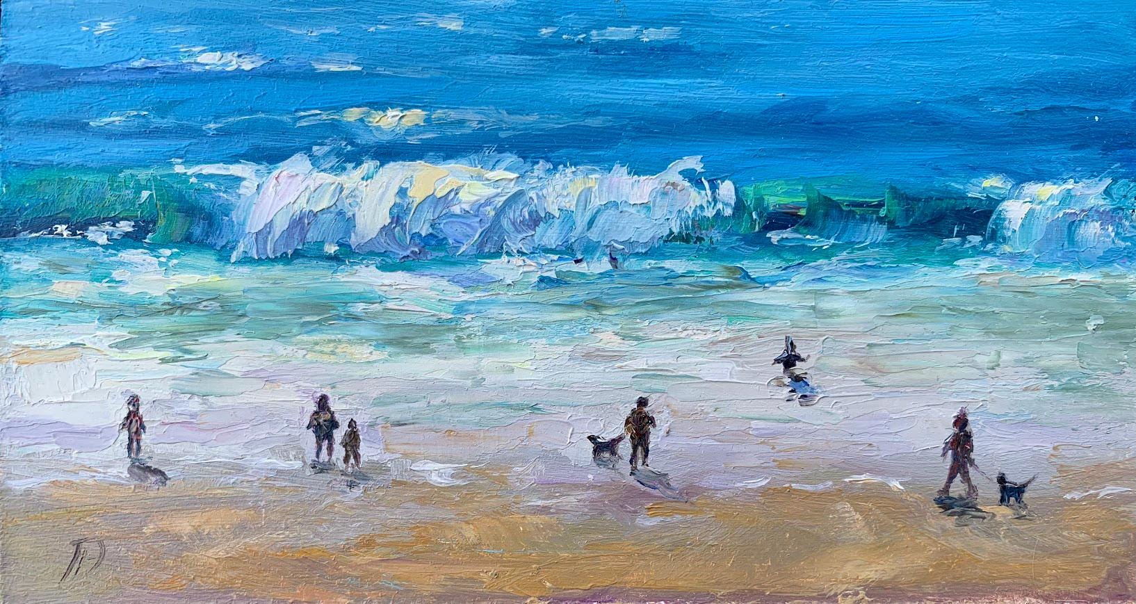 人々がいるビーチの風景 油絵 海の波 海景 小さな海岸アート