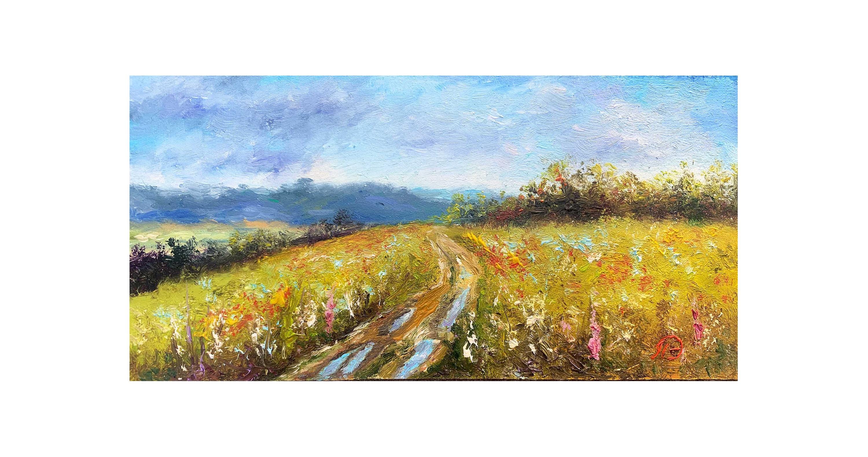 野花のある未舗装道路 油絵 風景画 ミニチュア 田舎 田舎風 牧草地