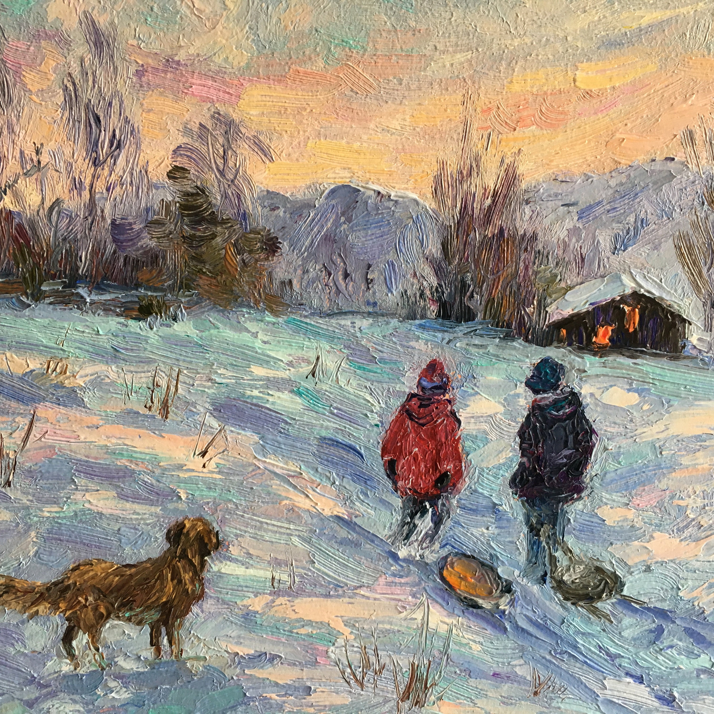 子供たちとの冬景色。油絵オリジナル。印象派の風景。雪絵の冬の風景