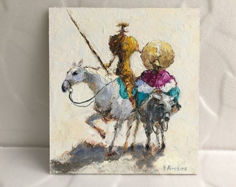 May include: An oil painting on canvas featuring a textured impasto style depicting two figures on horseback. One figure rides a white horse and holds a long spear, while the other rides a grey horse wearing a purple and teal garment. Signed Y. Parobina.