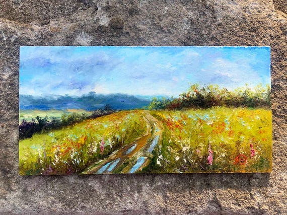 野花のある未舗装道路 油絵 風景画 ミニチュア 田舎 田舎風 牧草地