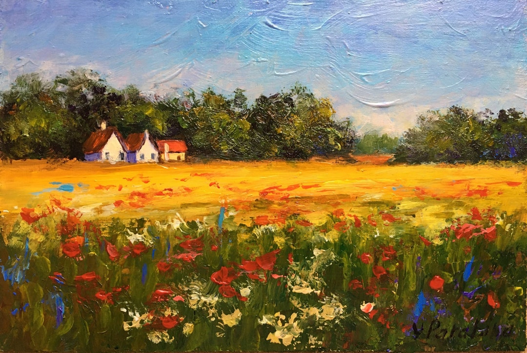 オリジナル油絵。トスカーナの夏の村の風景。畑や木々、家々が描かれ