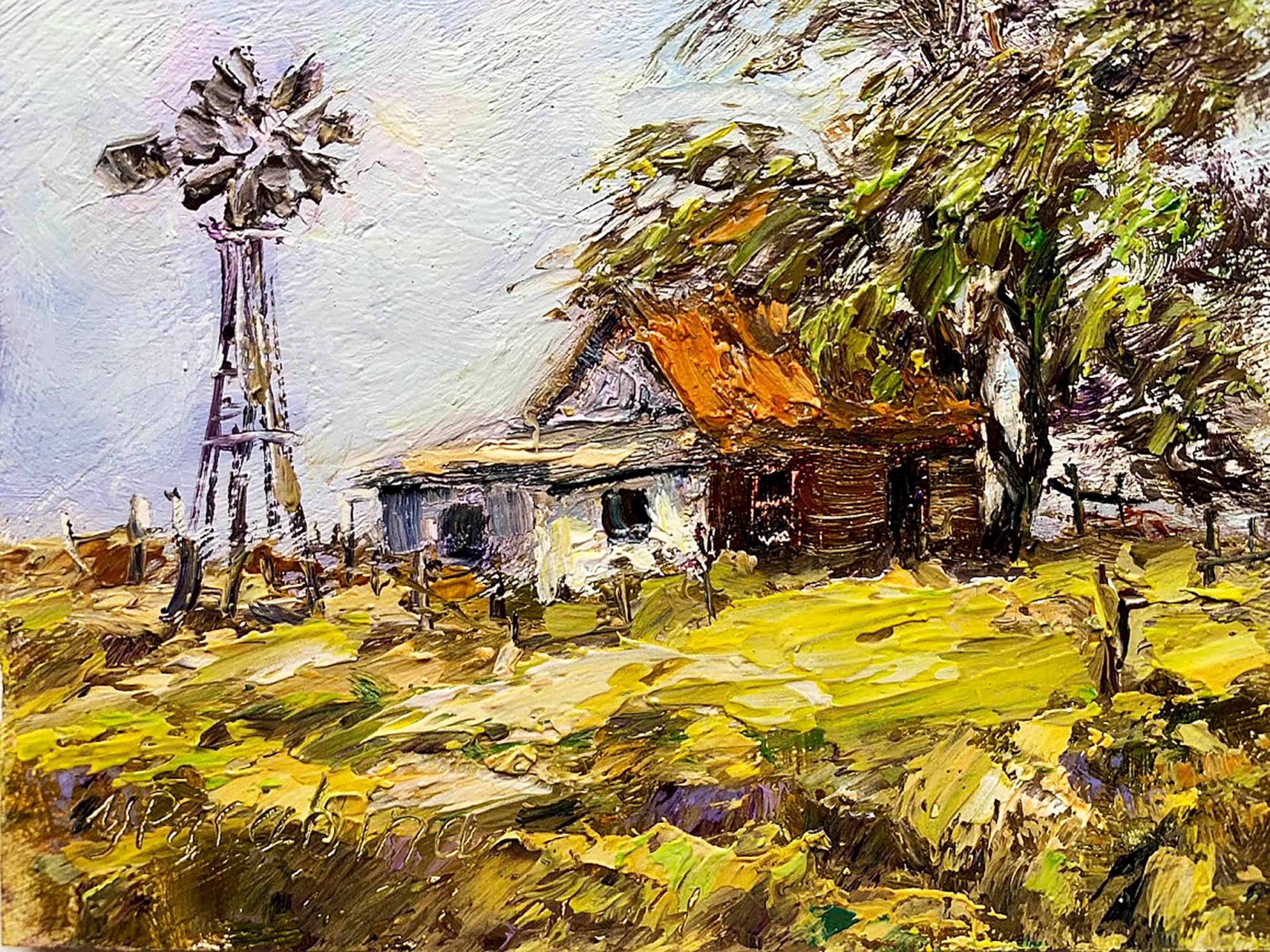 Texas Farm Oil Painting Windmill Barn Landscape 4x4 Inch Western