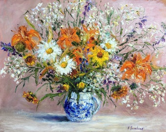 Bouquet Flowers Original Oil Painting Bright flowers Wall Art Bouquet of wild Chamomile lilies flowers Impasto Large Painting