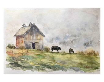 Origineel aquarel schilderij van een schuur met koeien, rustieke boerderijdecoratie, verfijnd landschapsschilderij in aquarel, handgemaakte wanddecoratie 8 x 12 inch