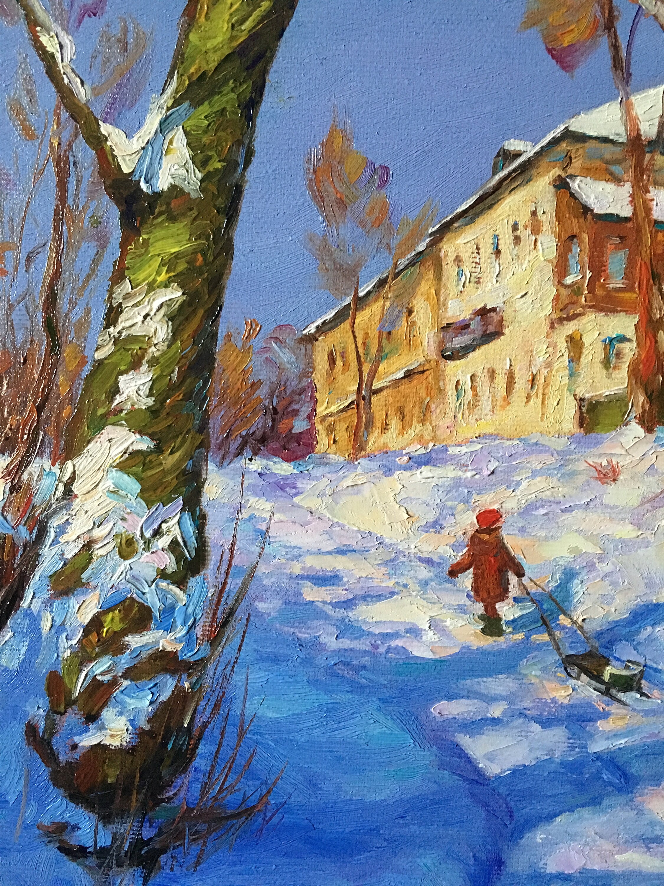 子供たちと冬の風景 オリジナル油絵 ロシアの風景 冬の印象派の風景 雪