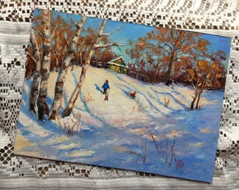 オリジナルの油絵。そりに乗った子供たちと冬の風景。ロシア印象派。村