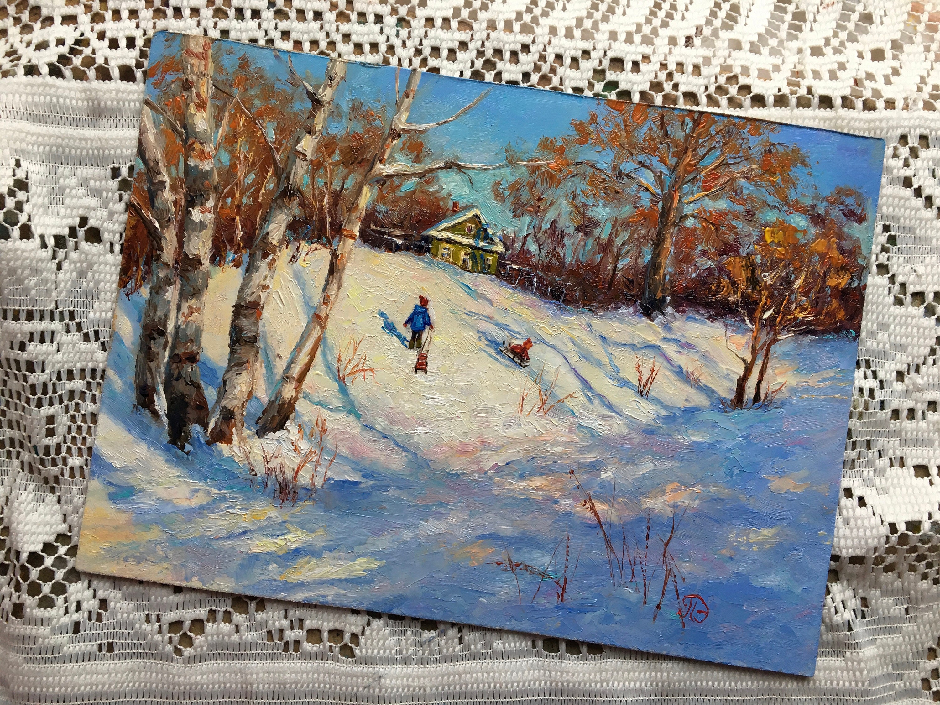 オリジナルの油絵。そりに乗った子供たちと冬の風景。ロシア印象派。村