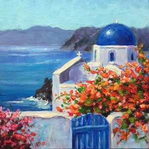 Santorini Greece Landscape oil painting White Church with Blue Dome Mediterranean Wall Art Canvas Ready to Hang Country original Artwork