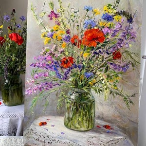May include: An oil painting of a vibrant bouquet of wildflowers in a clear glass jar. The flowers include red poppies, purple, yellow, and blue blossoms. The jar sits on a white lace tablecloth, with a second jar of flowers in the background.