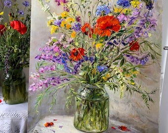 Wildflowers in a Jar Oil Painting Impasto Floral Still Life