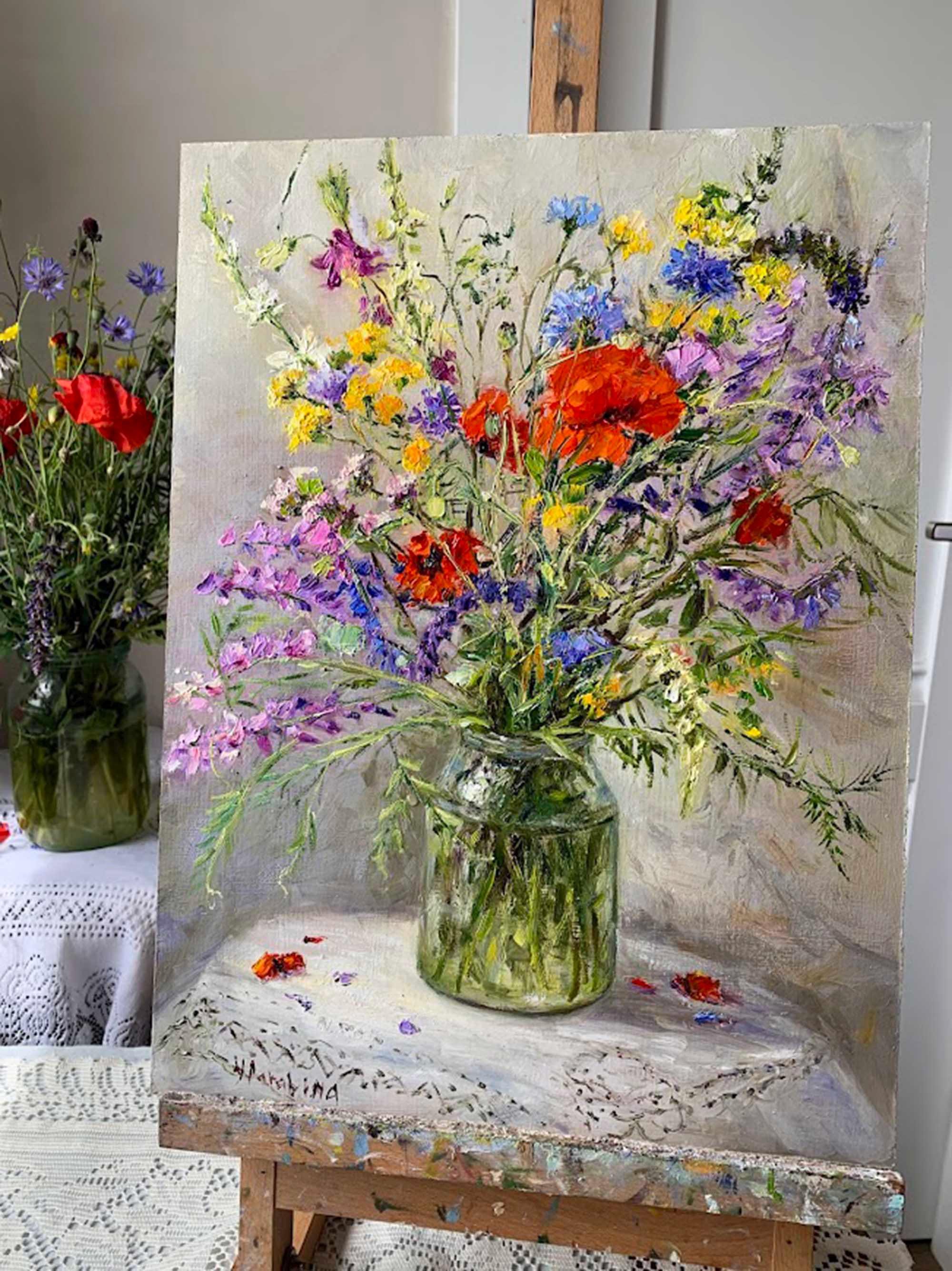 Wildflowers in a Jar Oil Painting Impasto Floral Still Life