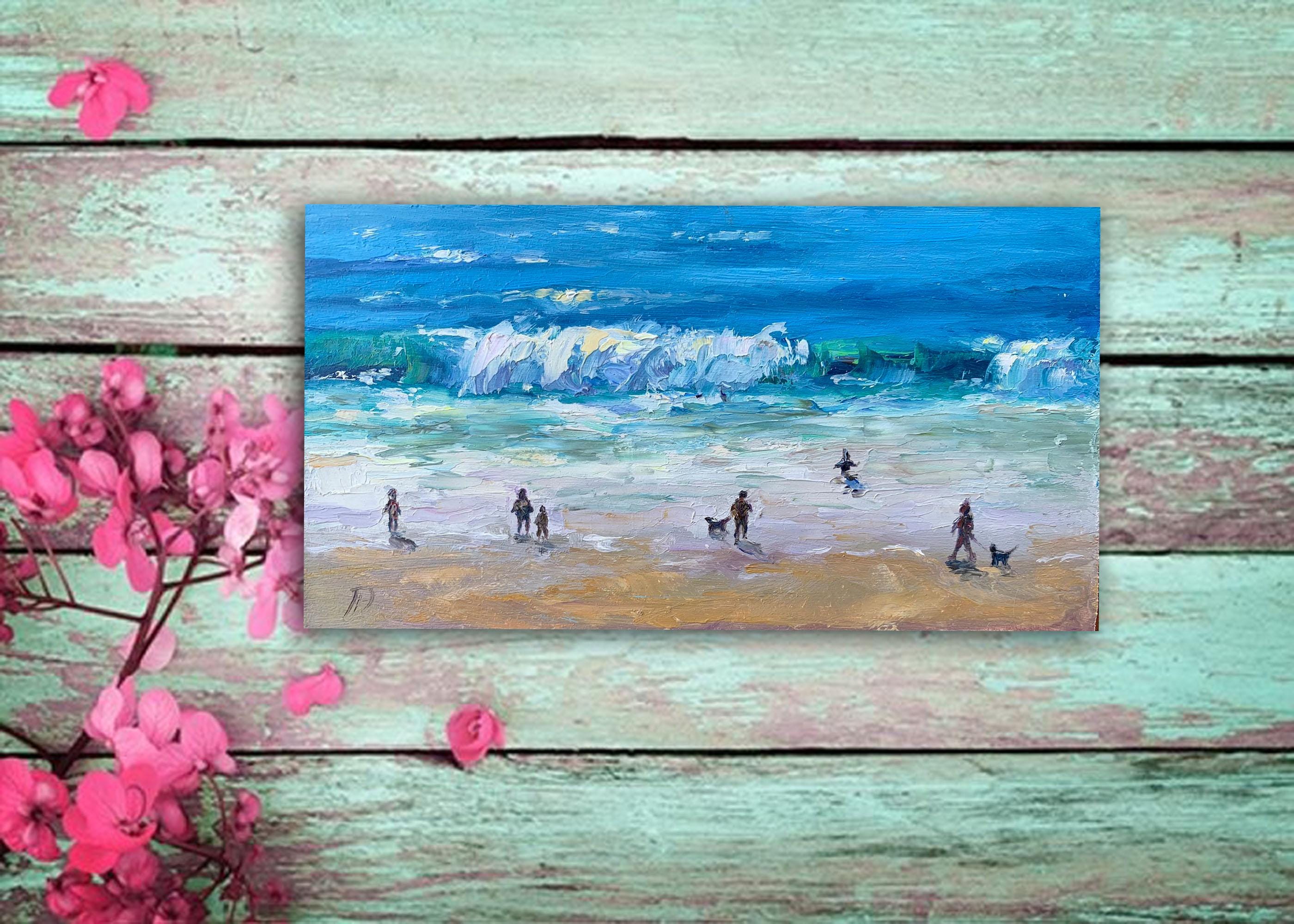 人々がいるビーチの風景油絵 海の波 海景 小さな海岸アート ミニチュア