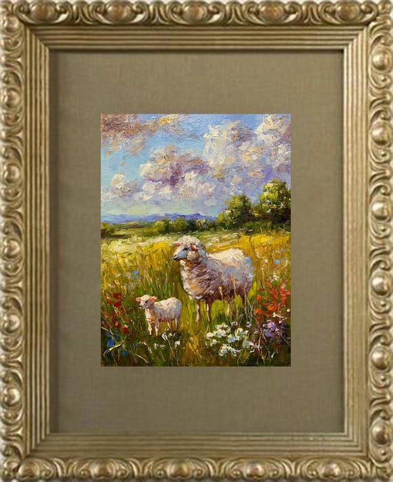 羊の絵 農場の動物 夏の牧草地に描かれた羊のカラフルな厚塗りの絵画