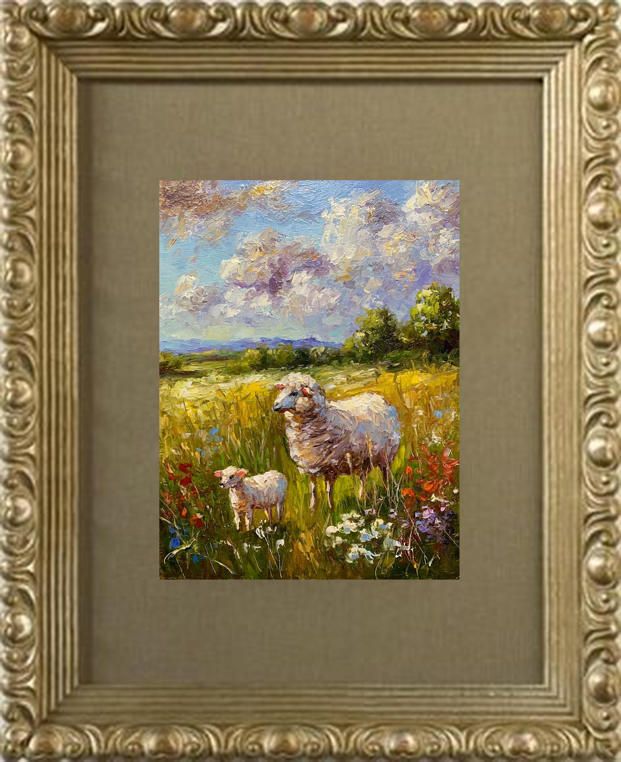 羊の絵 農場の動物 夏の牧草地に描かれた羊のカラフルな厚塗りの絵画