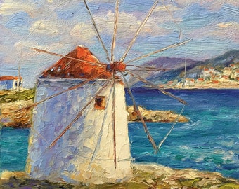 Windmill Painting Original oil painting small painting Impasto Impressionism Old Mill in the mountains Greek Islands Sea
