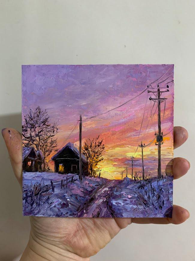 村の風景油絵 田舎道の冬景色 雪の降る夜 紫の夕日 穏やかなオリジナル