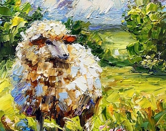 ミニチュア羊の油絵 オリジナル 4x4 テクスチャ動物アートワーク 農家