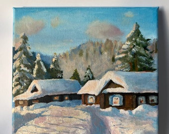 冬の村/キャンバスに描かれた田園風景/オリジナル油絵/森と雪の中の