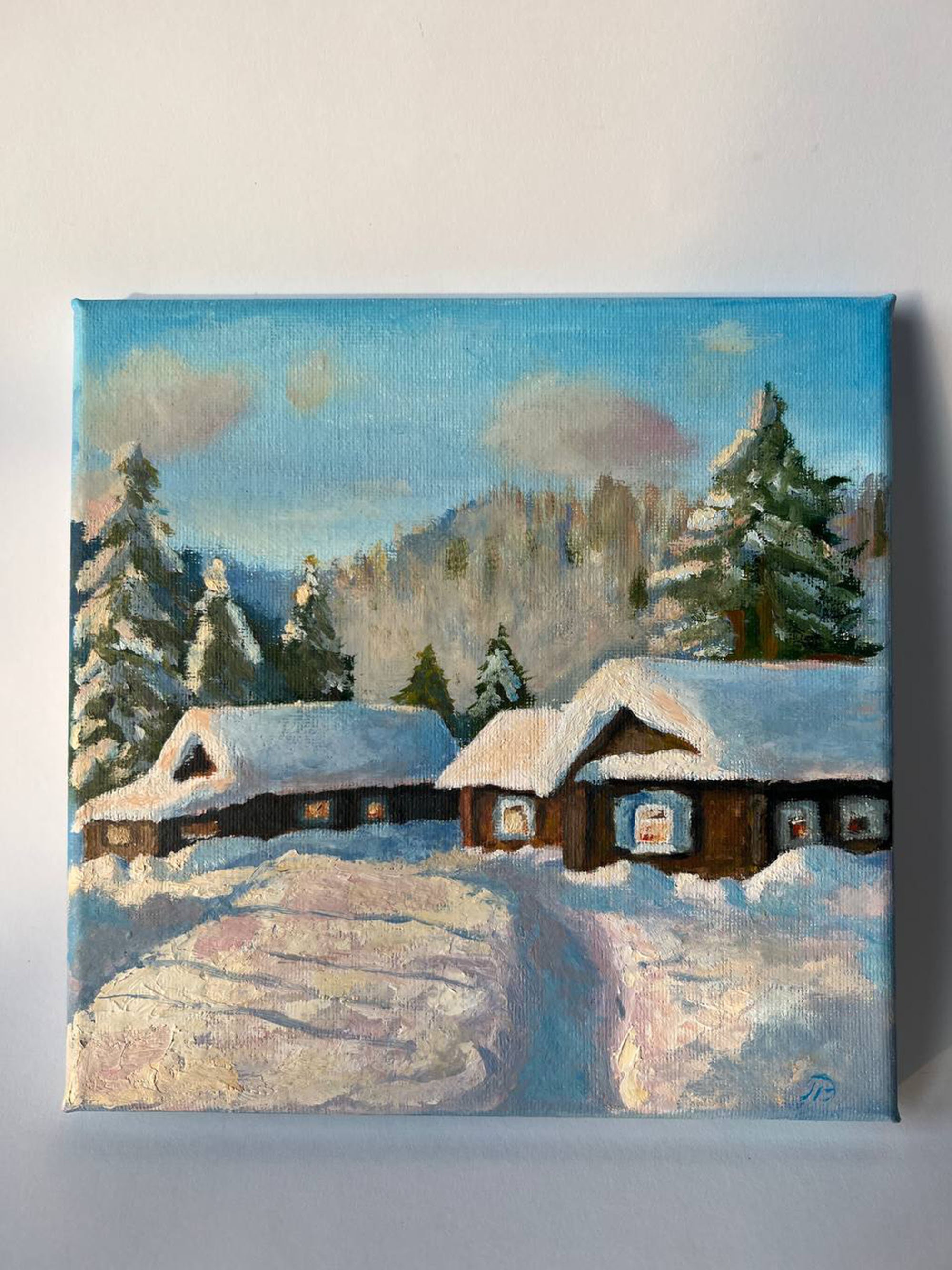 冬の村/キャンバスに描かれた田園風景/オリジナル油絵/森と雪の中の