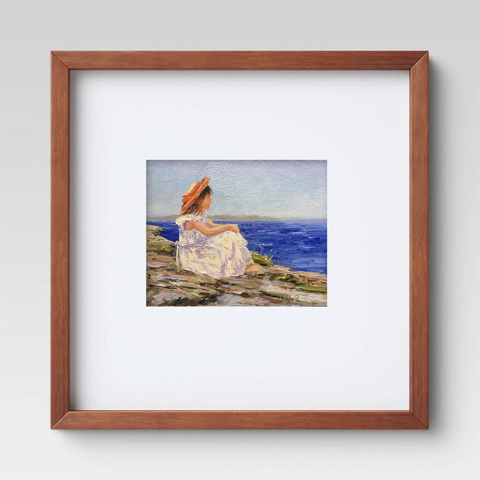 海辺の少女の油絵、海岸印象派アート、ミニ海景画、オリジナルビーチ
