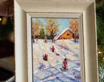冬の風景油絵 雪遊びをする子供たち 小さな印象派の風景画 キャンバス