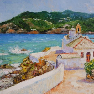 Mediterranean oil painting original,Church painting on the Greek island of Skopelos,Greece landscape painting Seascape oil painting original