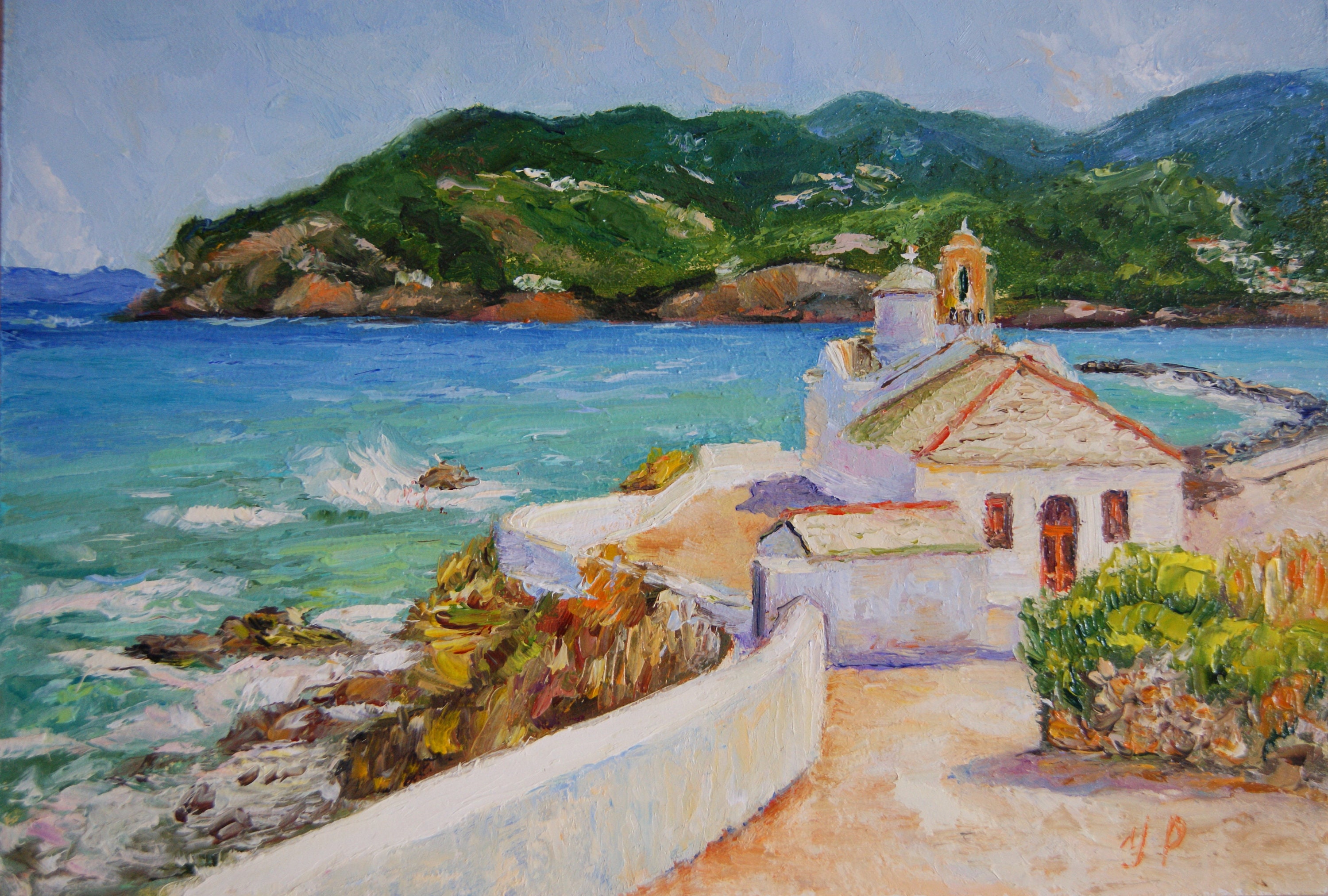 ヨーロッパ絵画油絵手書きワイド海景 地中海の油絵オリジナル、ギリシャのスコペロス島の教会画、ギリシャの