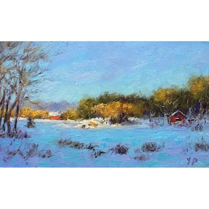 Pintura al óleo original, pintura en miniatura, paisaje rural, casas en el bosque, bosque de invierno, arte rural paisajístico, pintura de nieve, mini arte