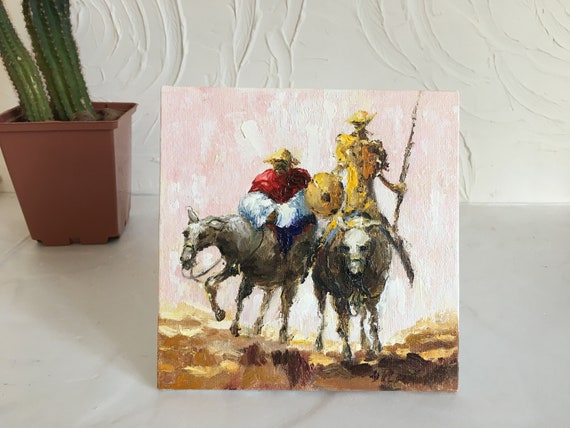 小さな油絵 ドン・キホーテの絵 サンチョ・パンサ 馬に乗った騎士