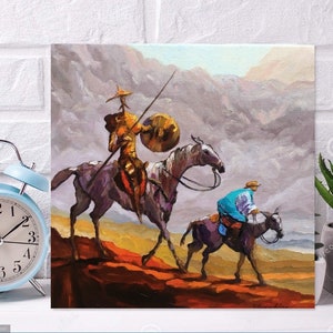 May include: A painting of two figures on horseback riding through a mountainous landscape. The figures are dressed in colorful clothing and the landscape is painted in shades of brown, gray, and blue.