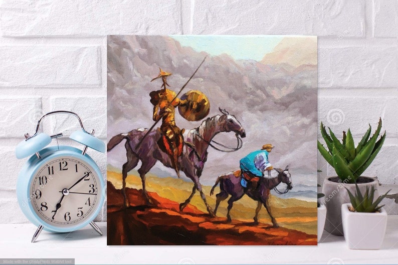 May include: A painting of two figures on horseback riding through a mountainous landscape. The figures are dressed in colorful clothing and the landscape is painted in shades of brown, gray, and blue.