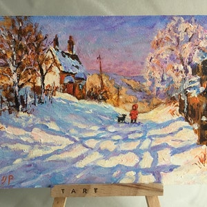 Winter scene with children Original oil painting Winter House Painting Impressionism landscape Snow Painting Art Сhildhood Rustic art