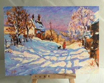 Winterszene mit Kindern Original Ölgemälde Winterhaus Gemälde Impressionismus Landschaft Schnee Gemälde Kunst Kindheit Rustikale Kunst